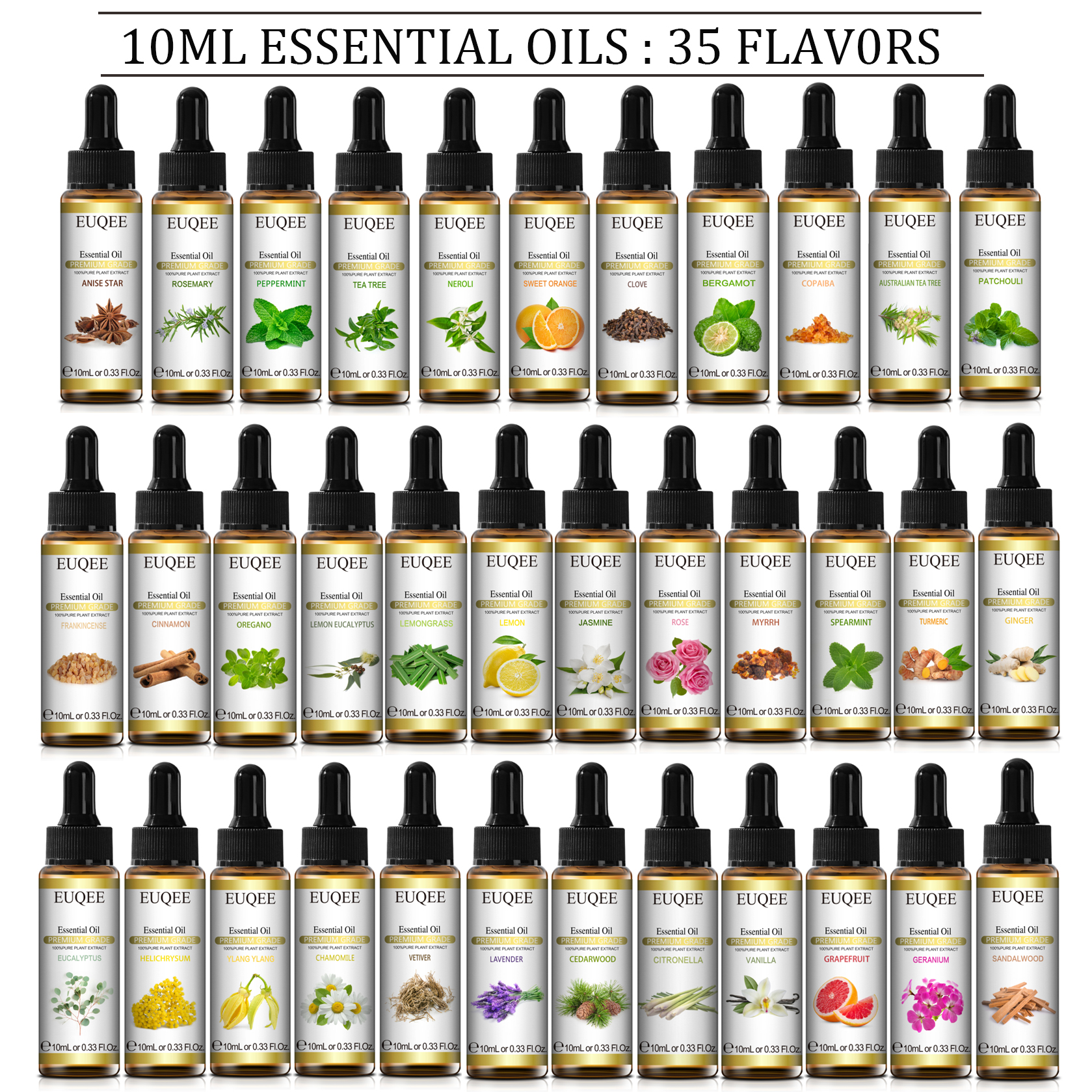 EUQEE 10ml avec compte-gouttes huile essentielle végétale naturelle pour diffuseur lavande menthe verte jasmin Eucalyptus Neroli huiles essentielles