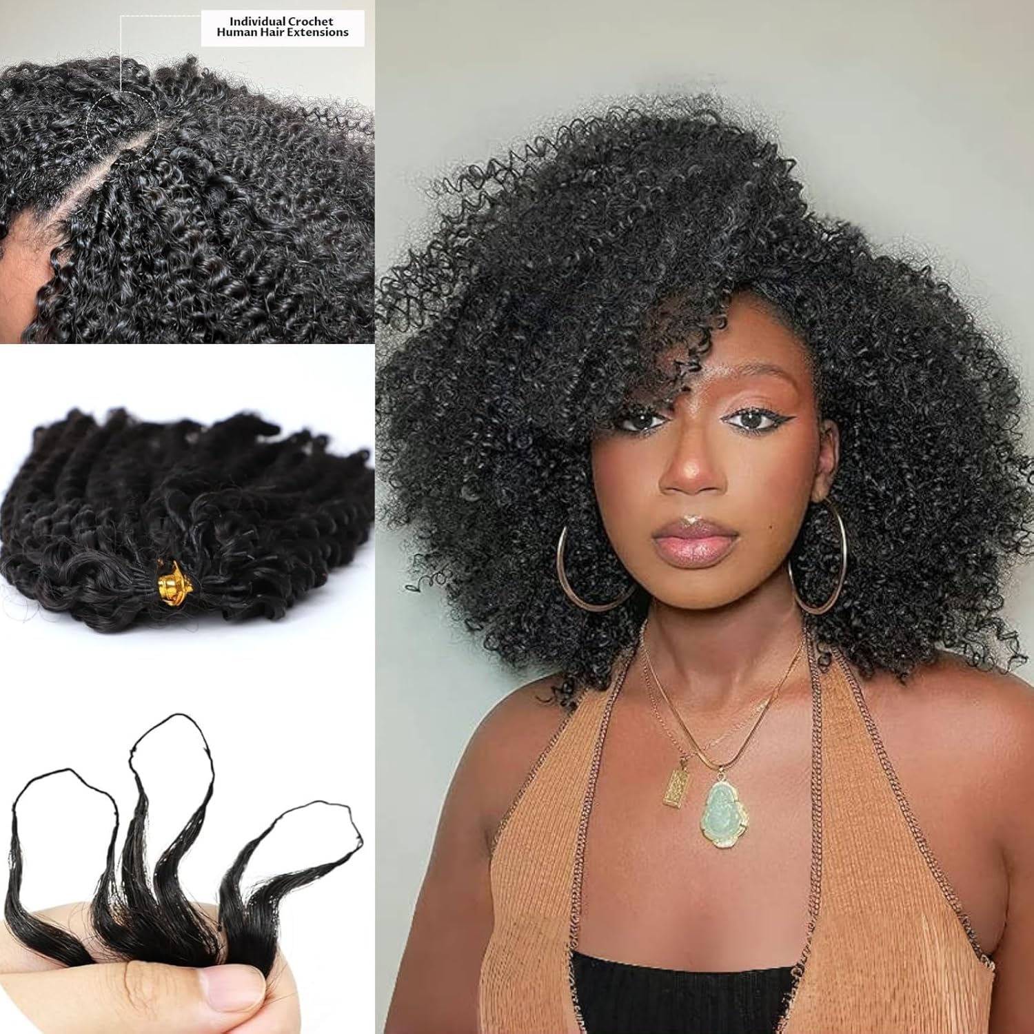 Extensiones de Cabello de Ganchillo con Pluma, Afro Rizado, Pre-Enlazadas, Cabello Humano Rizado para Mujeres Negras, Cabello de Ganchillo Sin Nudos Pre-Separado 120 240g
