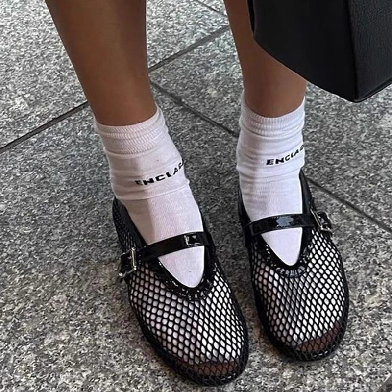 Nouvelles Chaussures Plates Mary Jane en Résille Tendance 2026 pour Femme – Sandales Respirantes Noires en Maille, Ballerines Décontractées pour l'Été