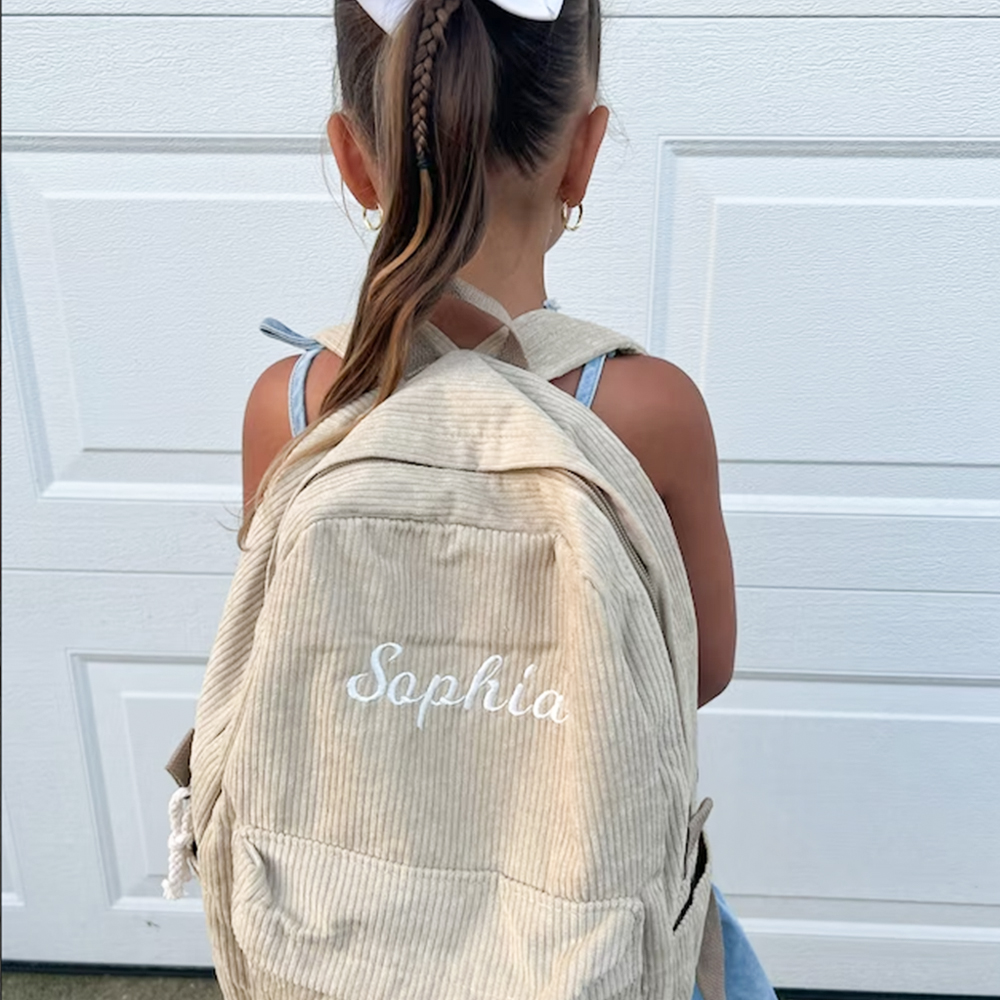 Mochila escolar de pana de gran capacidad, bolsa de campus de Color sólido con nombre personalizado, mochila de pana Simple de viaje personalizada, regalos únicos