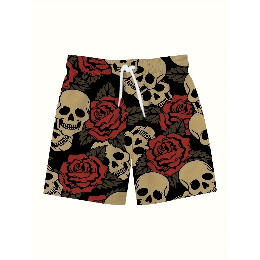 Pantalones cortos de playa sueltos para hombre con estampado de calaveras y rosas, ropa deportiva, pantalones cortos de secado rápido con cordón, pantalones cortos ligeros