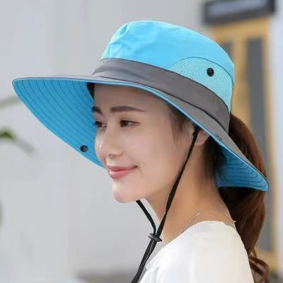 Chapéu de pesca feminino com cauda de cavalo de aba grande ao ar livre com secagem rápida e proteção solar, perfeito para viagens na praia e ciclismo