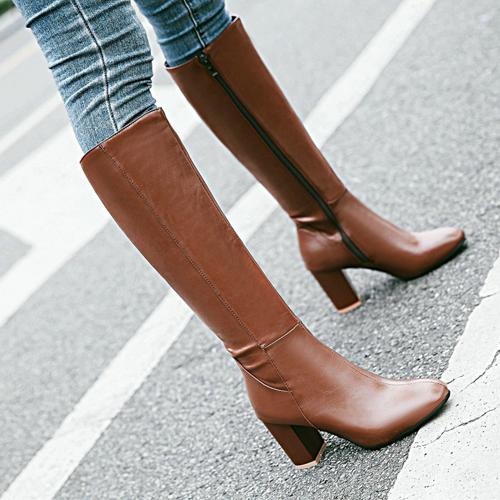 Botas altas de otoño e invierno para Mujer, Botas Largas con cremallera trasera de cuero suave a la moda, Botas cómodas hasta la rodilla para Mujer