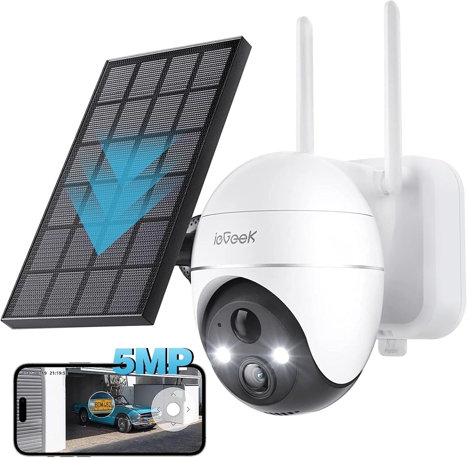ieGeek 5MP bezprzewodowa zewnętrzna kamera monitorująca WiFi, kamera słoneczna, kamera 360 stopni, wykrywanie ludzkiego PIR, kolorowy noktowizor