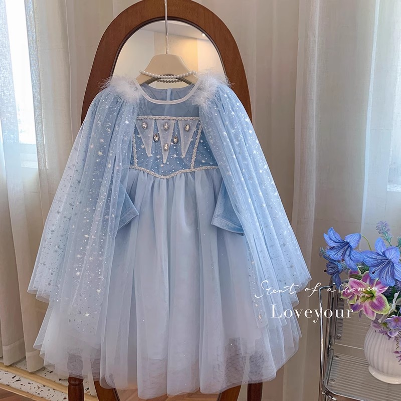 Elsa Frozen Princess Dress with Detachable Cape, Long Sleeve Velvet Sequins Snowflake Dresses for 2-10 Years Girls Party Costume