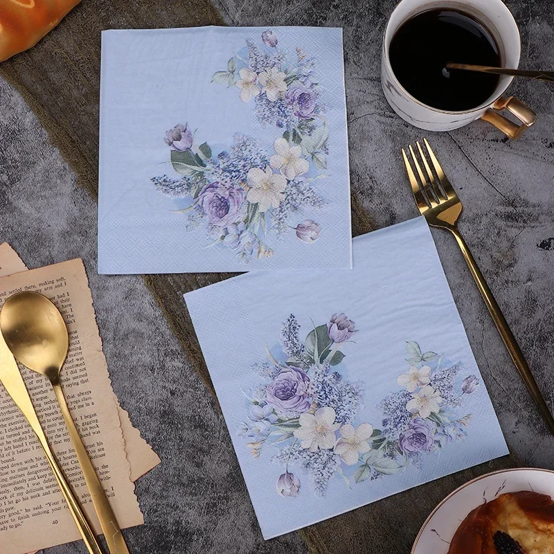 10/20 pièces 33cm 2 plis bleu blanc fleur imprimé serviettes bleues fête coloré papier tasse fleur pliante bricolage découpage papier