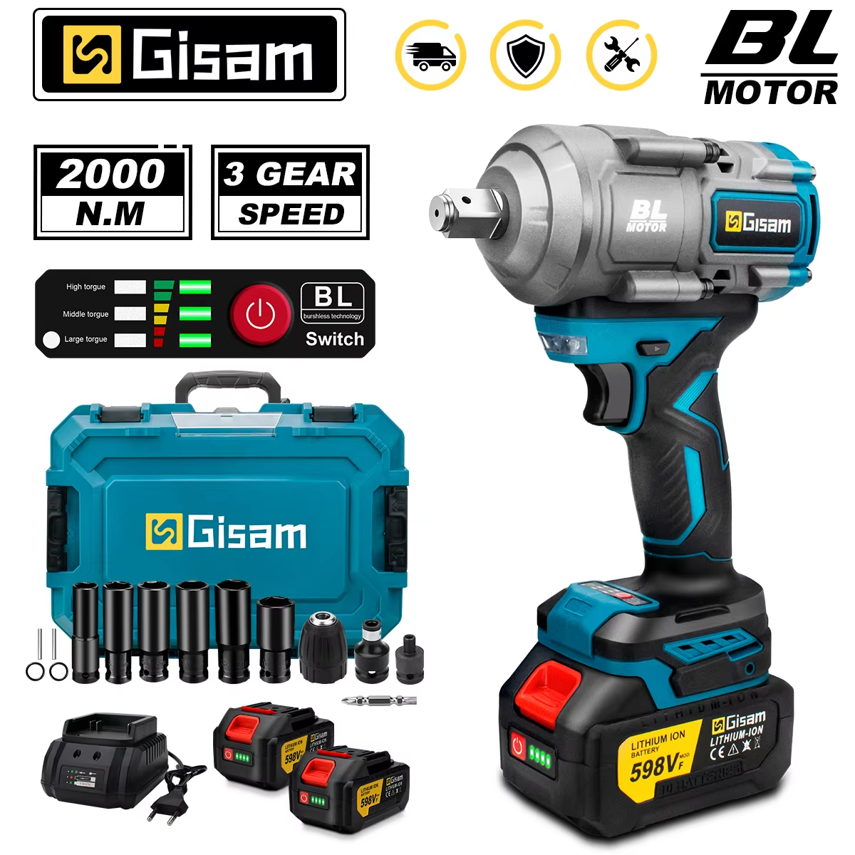 Gisam 2000N.M トルクブラシレス電動インパクトレンチ 1/2 インチドライバーコードレスレンチ電動工具マキタ 18V バッテリーピン