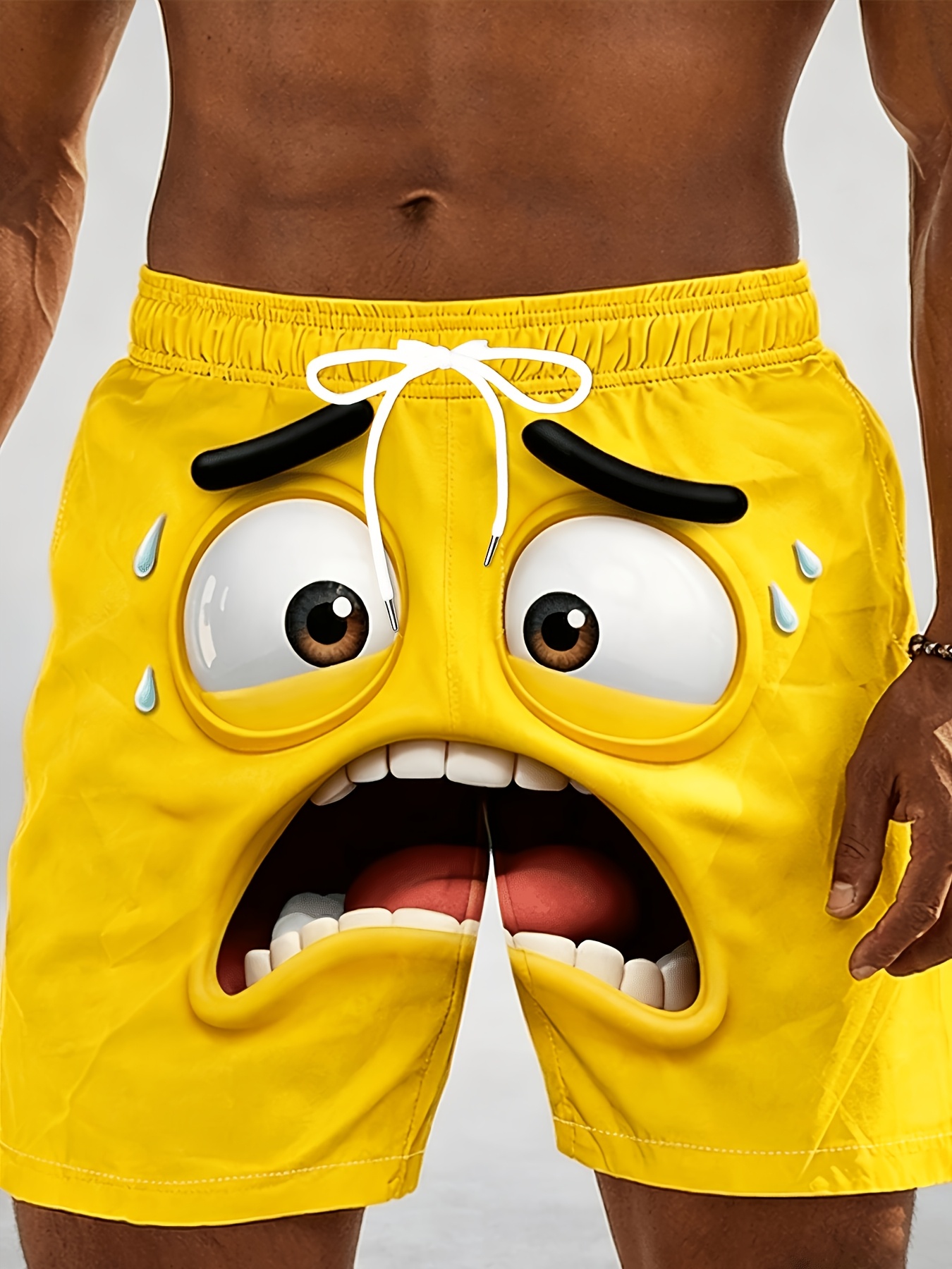 Schnell trocknende Strandshorts für Herren, lustiger gelber 3D-Cartoon-Print mit überraschtem Gesicht, lässige Boardshorts mit Kordelzug und Taschen