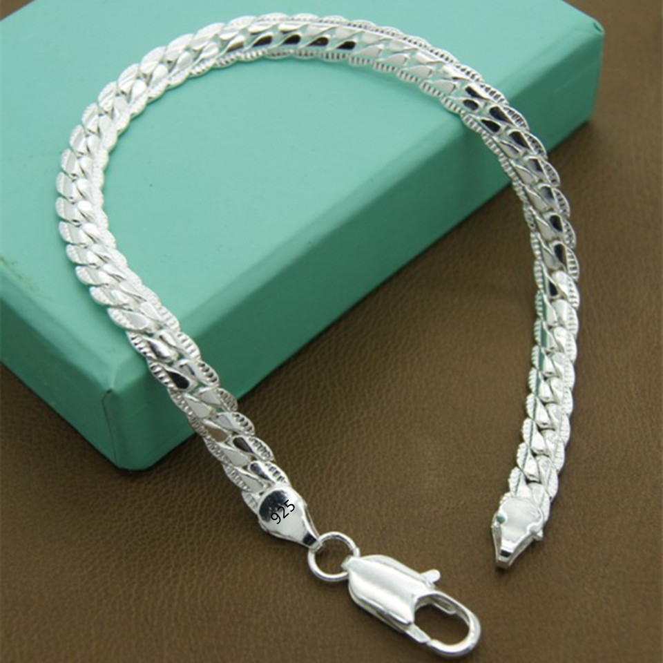 Bracelets classiques en argent Sterling 925 pour femmes et hommes, chaîne latérale plate, à la mode, bijoux de fête de mariage, cadeaux