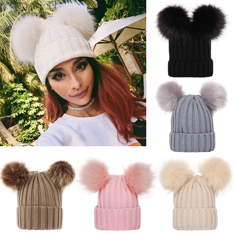 Inverno feminino gorro chapéus bola de pele do falso mãe crianças chapéus para meninas meninos quente malha bobbles mulher boné adolescente grils gorros