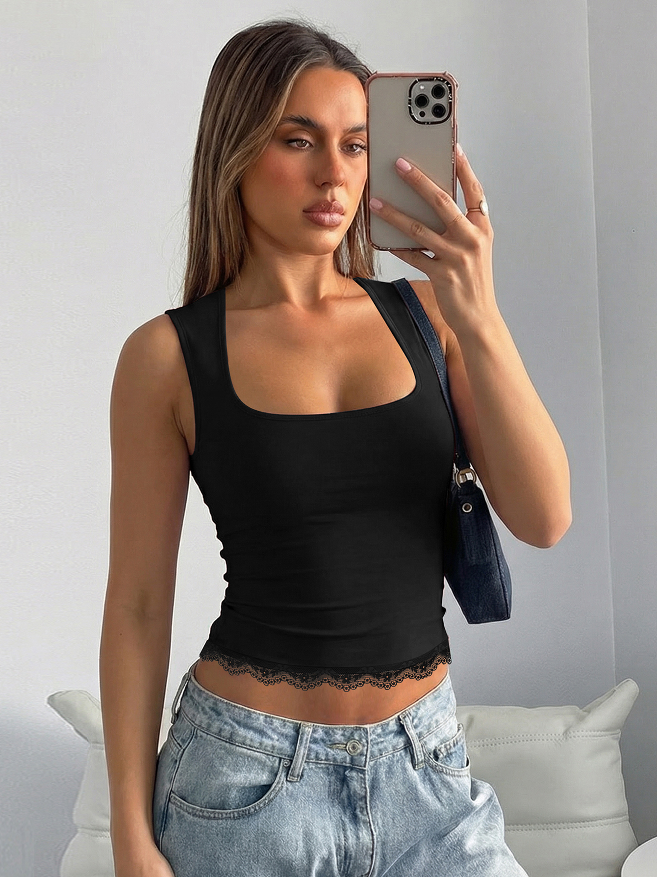 Hugcitar Fashion Solid Square Kragen Patchwork Spitze Sexy Schlank Crop Tank Top Frühling Sommer Frauen Kleidung Festival Streetwear Club