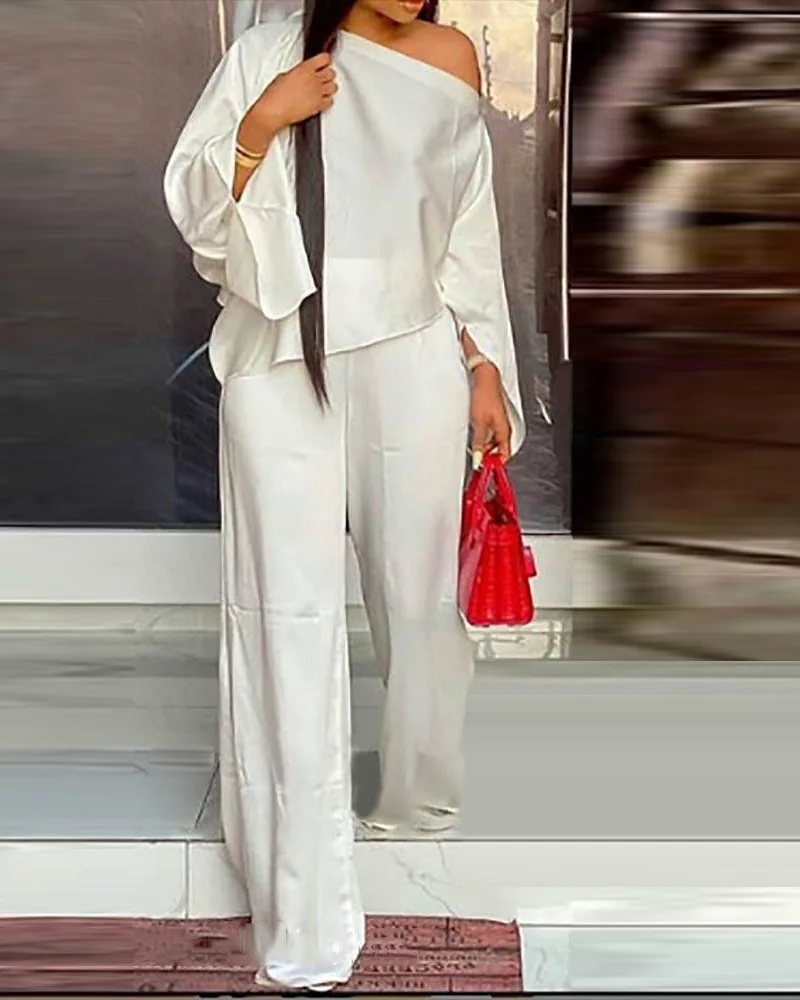 Moda venda quente feminino casual estilo de rua manga longa cartão ombro superior elástico calças compridas conjunto duas peças atacado dropshipping