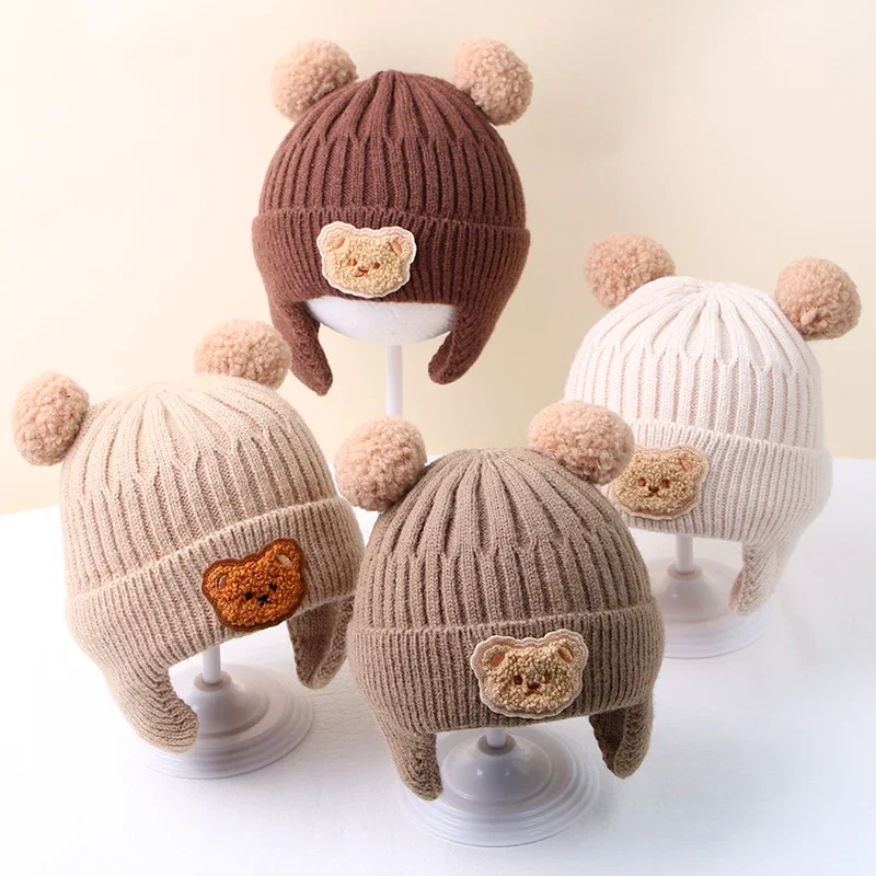 Chapéu de inverno para bebês, gorro com proteção de orelha de urso de desenho animado, chapéu de malha para crianças pequenas, meninos e meninas, bonito, coreano, quente, chapéus de crochê para crianças