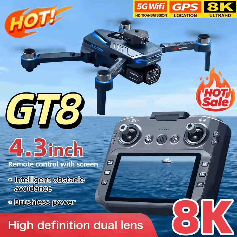 Drones GT8 com GPS 8K HD Câmeras Duplas 180 °   Motores sem escova ajustáveis 5G WiFi FPV para evitar obstáculos dobráveis Quadcopter presentes