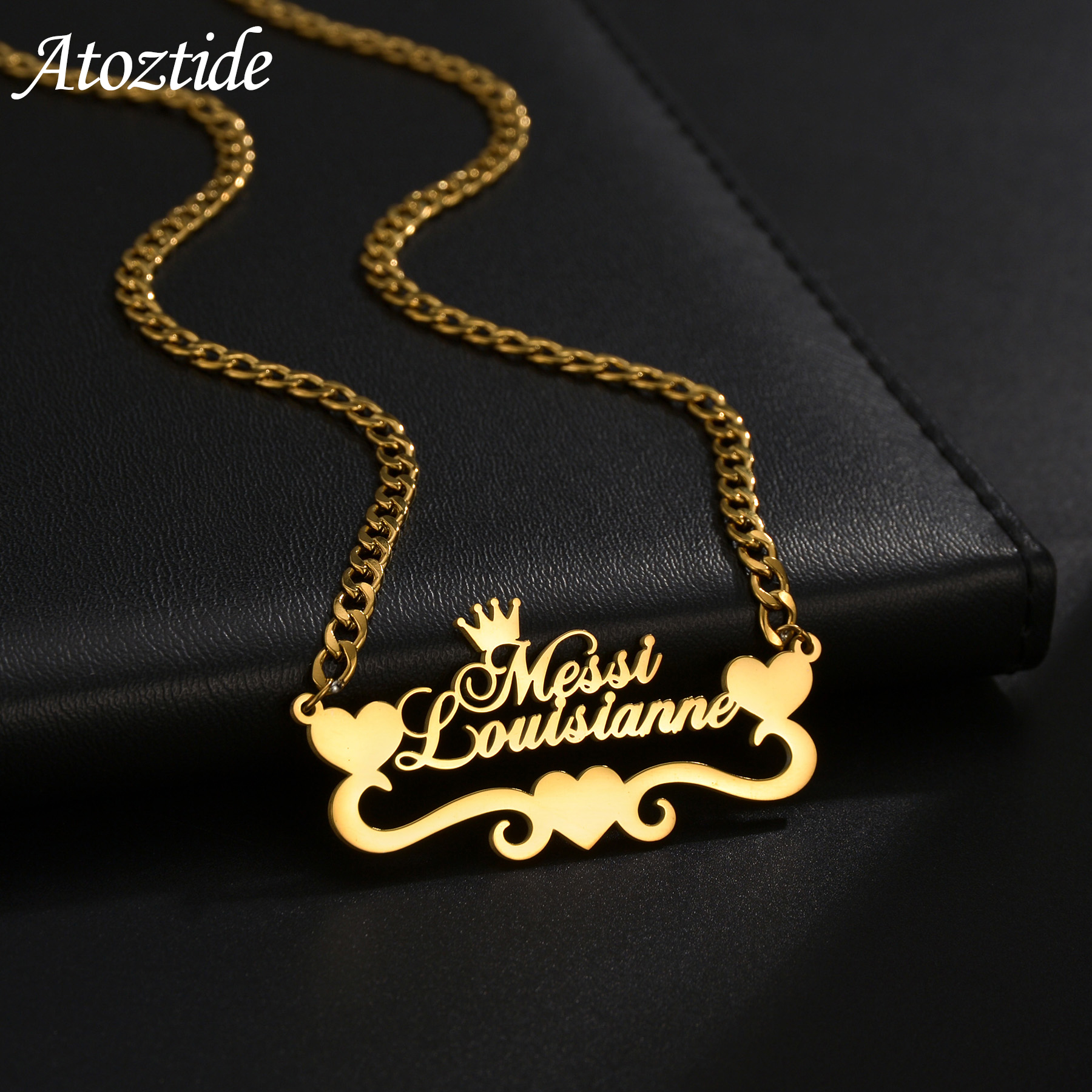 Atoztide CUSTOM ชื่อสร้อยคอสแตนเลส 4 มม.NK Cuban หนาจี้สําหรับผู้หญิงเครื่องประดับของขวัญ