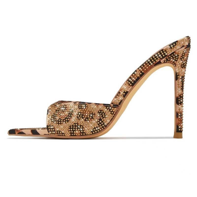 Sandales à talons aiguilles et bout ouvert, pantoufles à strass imprimé léopard, chaussures à enfiler pour femmes, Sandalias Mujer Verano