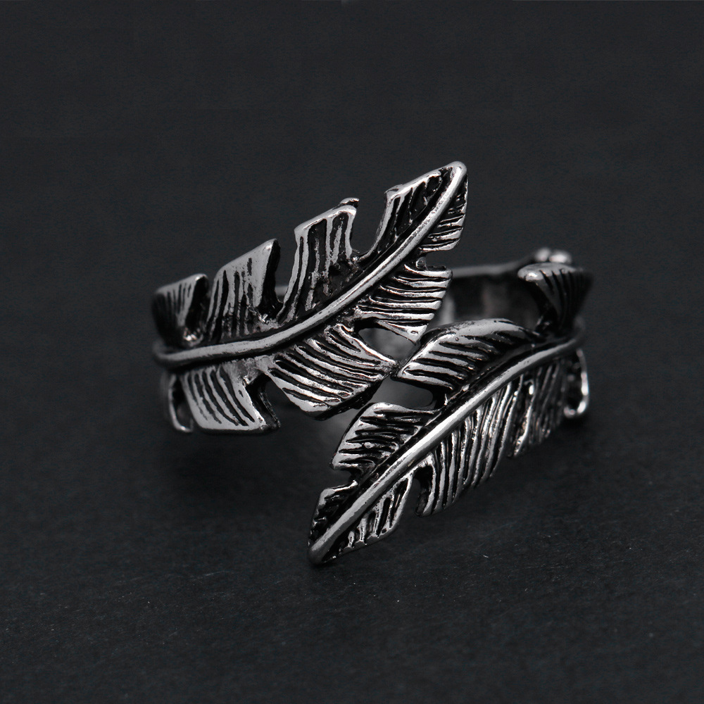 Retro Leaf Feather Ring For Men Women SIlver Color Punk Gothic Open Ring Handmade Designer Jewelry Unisex Accessories Love Gift