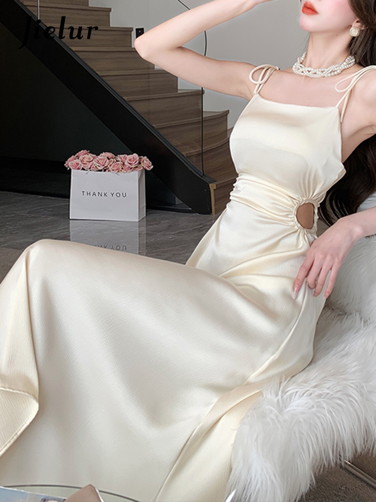 Jielur nowy jednolity kolor sukienka Sling damska letnia koreański elegancki dama sukienka plisowana moda plażowa seksowna sukienki A-line bez pleców