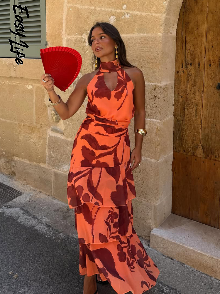 Elegante damesjurk met hoge hals en print, mouwloos, meerlaagse plooien, maxi-jurken, dames zomer nieuwe vakantiejurken