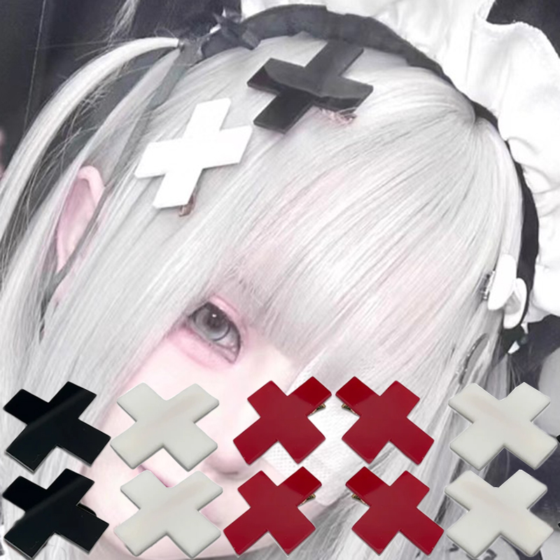 Y2K Jepit Rambut Palang Merah Anak Perempuan Anime untuk Wanita Anak Perempuan Aksesori Rambut Jepit Rambut Punk Hiphop Pin Rambut Pakaian Rambut Keren Unik