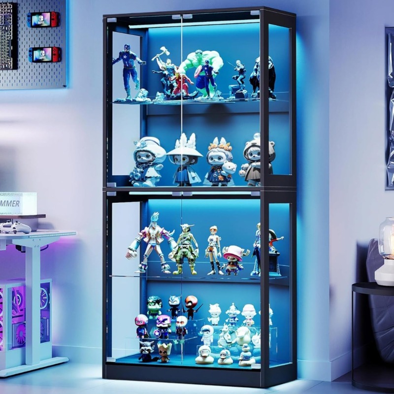 Складной шкаф-витрина с 4-уровневой RGB LED подсветкой и регулируемыми стеклянными полками, открывающиеся дверцы нажатием, современный органайзер для хранения (доставка по США)