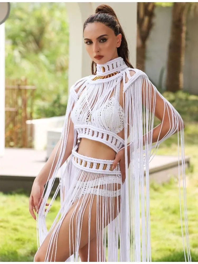 Beachapche Crochet Knitted Women Beach Cover Ups White Perspective Dress Long Tassel Sleeveless Mini Dress Singer Stage Costume