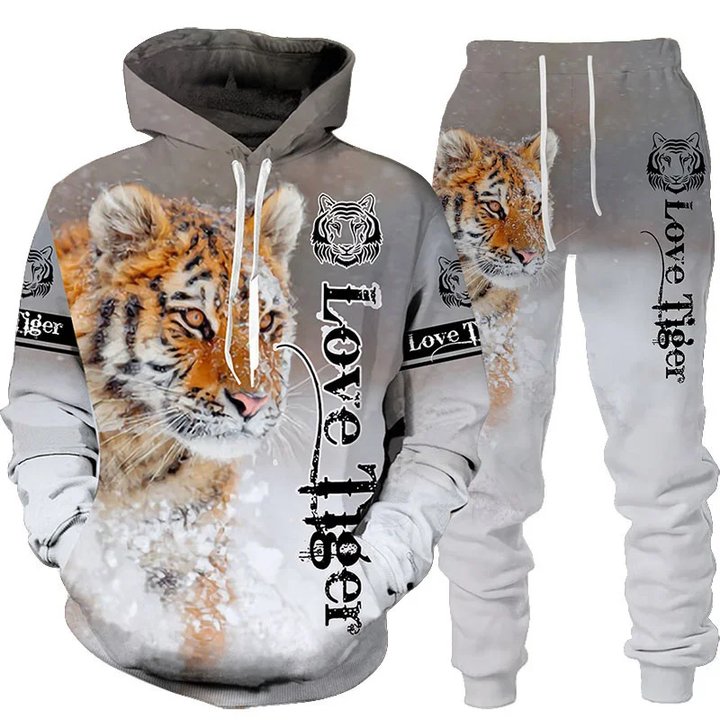 Nueva sudadera con capucha y pantalones con estampado de tigre 3D de animales, traje fresco para hombres/mujeres, conjunto de chándal deportivo de 2 uds, ropa de otoño e invierno para hombres