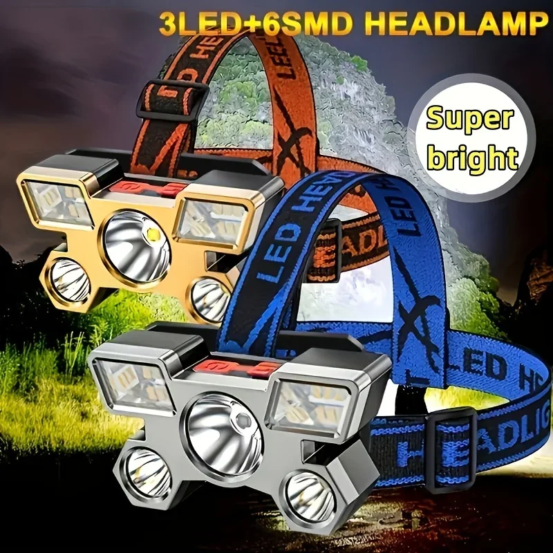 超高輝度3LED6smdヘッドライト,USB充電式,ポータブル,4モード,屋外,釣り,キャンプ,冒険用の夜間懐中電灯,1個