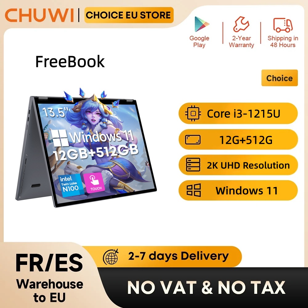 Laptop CHUWI FreeBook 2-w-1 Intel Core i3-1215U 13,5'' 2,5K z ekranem dotykowym, 12 GB pamięci RAM LPDDR5, 512 GB dysk SSD, WiFi6, BT5.2, wygodny notebook do pracy biurowej
