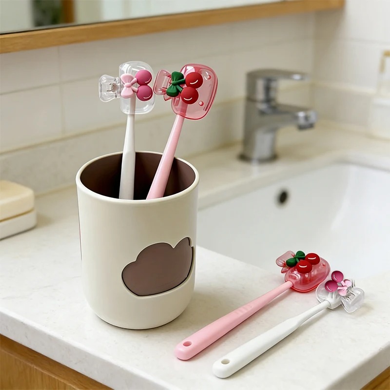 Suporte para Escova de Dentes com Design de Cereja, Padrão de Cereja, Protege a Cabeça da Escova, Com Dois Furos para Drenagem e Ventilação