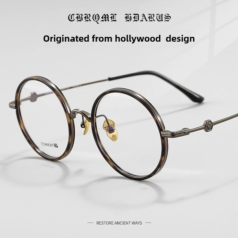 Retro okulary korekcyjne z okrągłymi oprawkami w kolorze żółwiej skorupy, wykonane w całości z czystego tytanu, duże, dla dużych twarzy - styl hollywoodzki, luksusowy styl brytyjski.