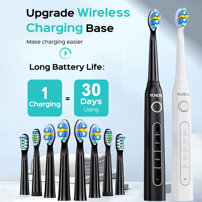 Yunchi Sonic Electric Toothbrush Rechargeable 40000Rpm Deep Cleaning Teeth Tooth Brush with 8 Brush Refills and Box