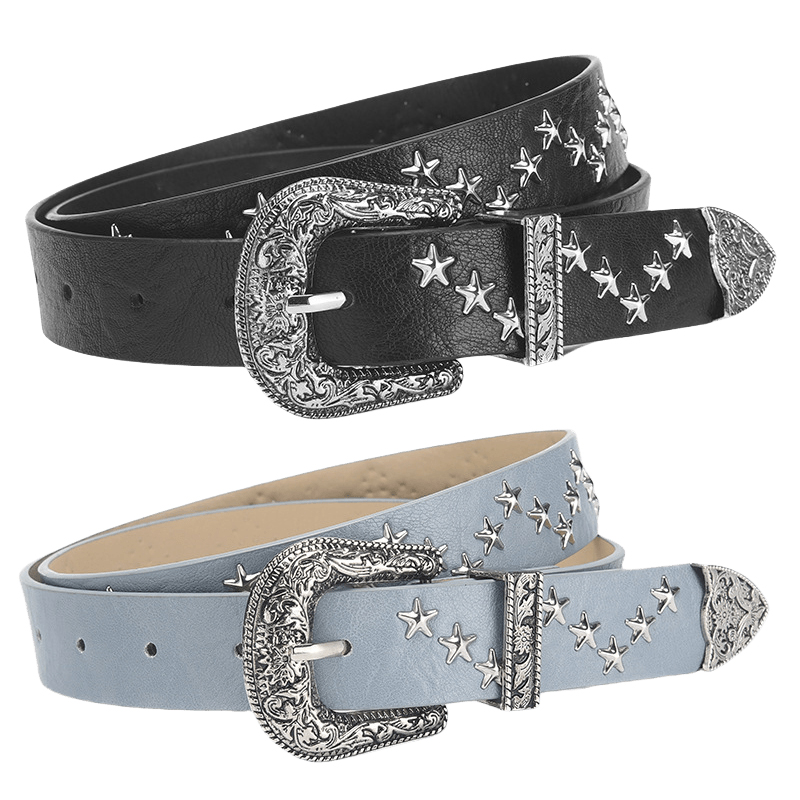 Cinturón gótico Retro versátil de Pu con remaches de estrellas para mujer, accesorios para vaqueros, faja Hip Hop Punk Y2k para niñas, hebilla, pretina negra