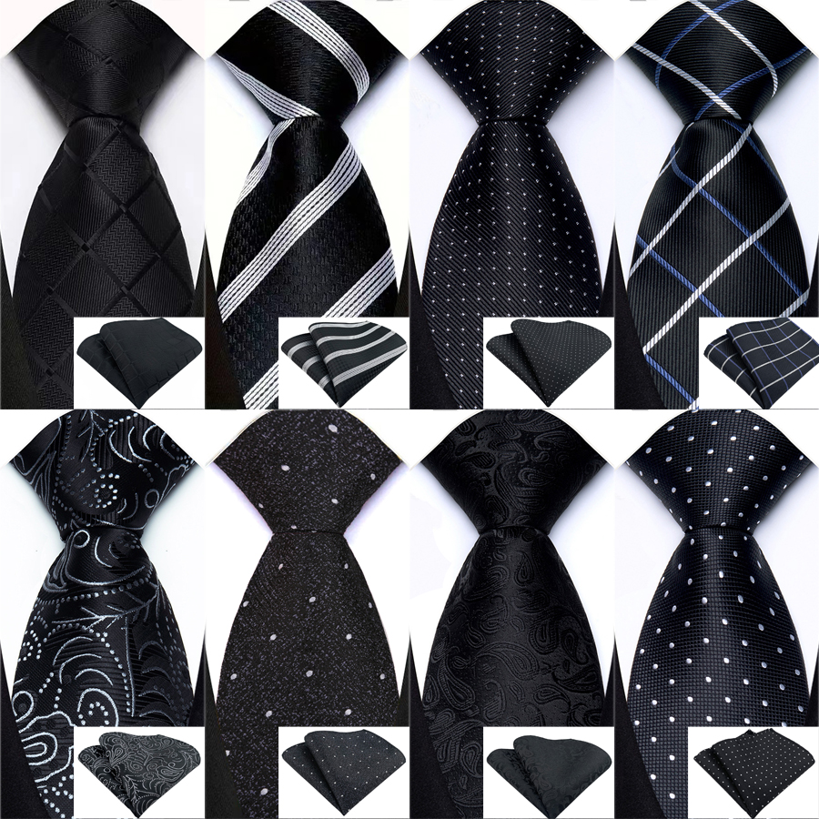 Luxury Mens Ties Black Color Neck Ties Solid Plaid Dot NeckTie Pocket Square Set Men Wedding Business Party Tie Accessories