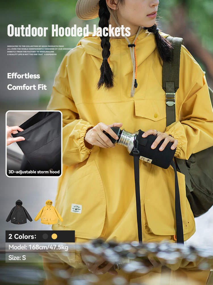 Maden żółta wiatroszczelna bluza z kapturem dla kobiet Outdoor Sports piesze wycieczki luźna kurtka z wieloma kieszeniami wygodna i oddychająca