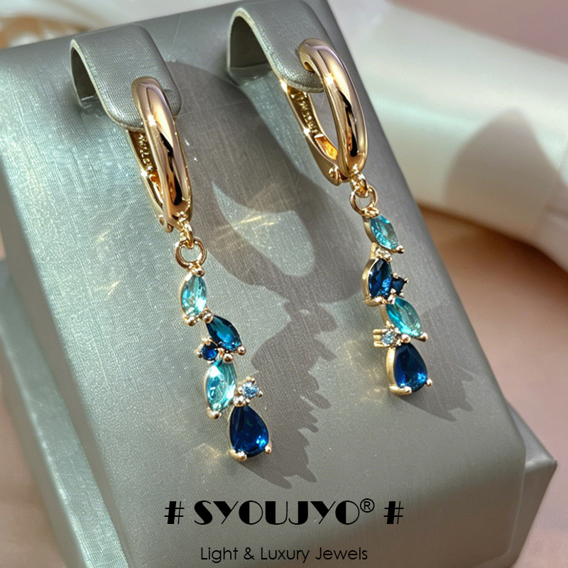 SYOUJYO nouveau 585 boucles d'oreilles en or Rose pour les femmes de luxe bleu naturel Zircon feuille longues boucles d'oreilles pendantes bijoux de mariage
