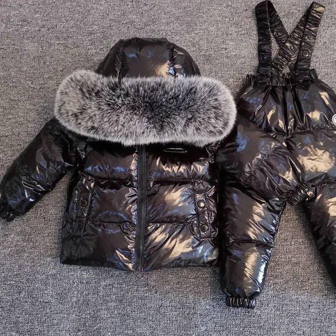 Pakaian butik anak uniseks, setelan 2 potong jaket Down kerah bulu besar hangat lembut musim dingin 2023