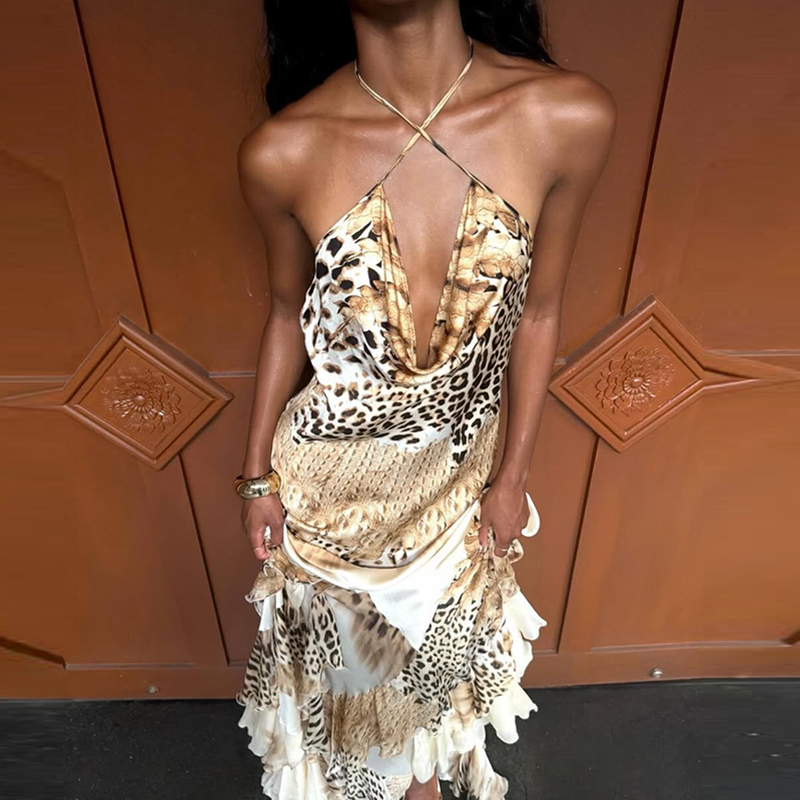 Vintage Leopard Print Ruffle Maxi Dress Women Spring Sexy Halter Hollow Out Party Dress New Summer Backless Loose Fit Long Dress