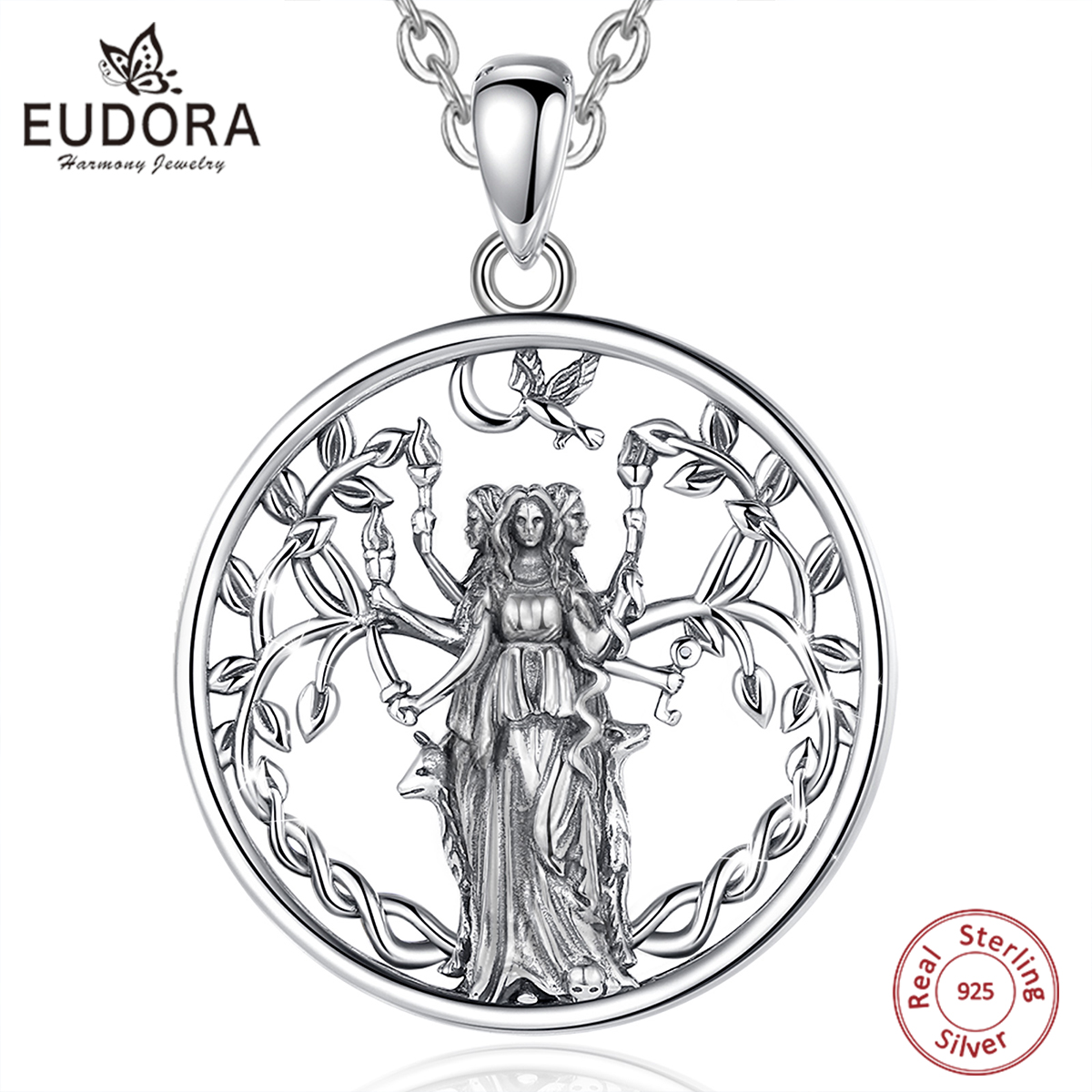 Eudora 925 argent Sterling Triple lune déesse collier Hecate amulette pendentif Triple déesse bijoux personnalité cadeau pour les femmes