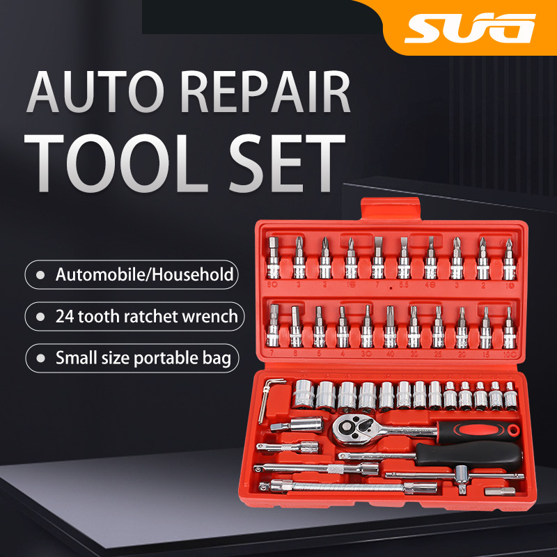SUG 46PCS 1/4" Socket Wrench Set | Manual Pedals Hexagonal Socket Screw + Tool Storage Box/Bell Box for Car/Bike
