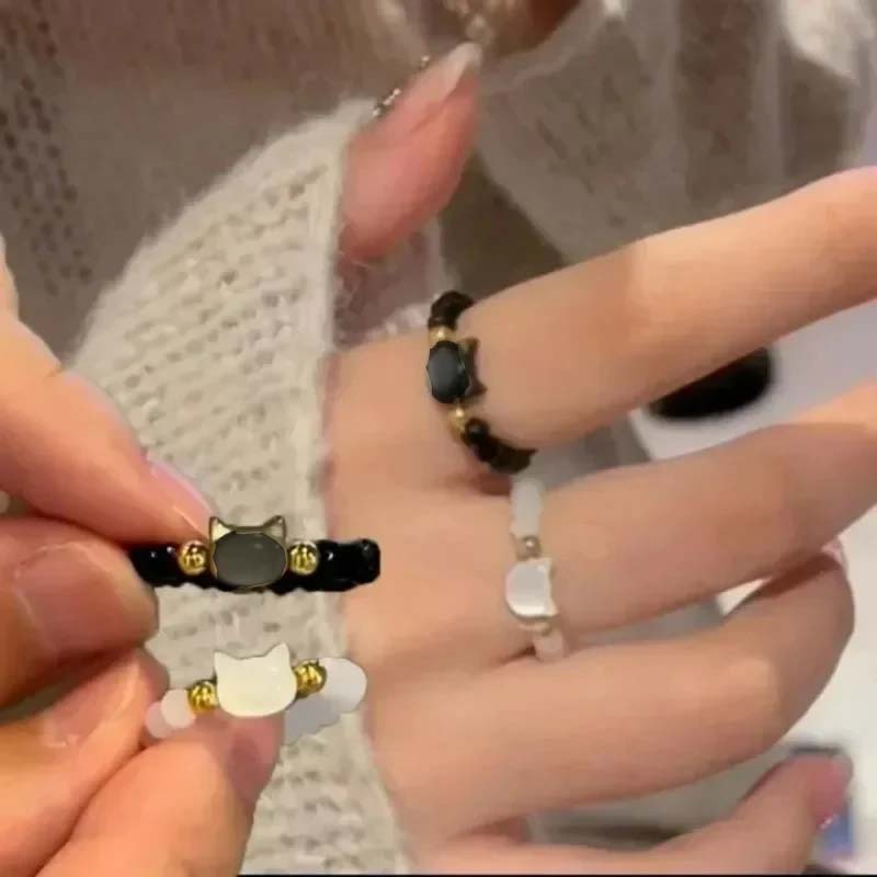 1pcs มูนสโตนธรรมชาติ Obsidian แหวนลูกปัด Minimalist Fidget แหวนน่ารักสีดําสีขาวแหวนแมวผู้หญิงผู้ชายอุปกรณ์เสริมเครื่องประดับ