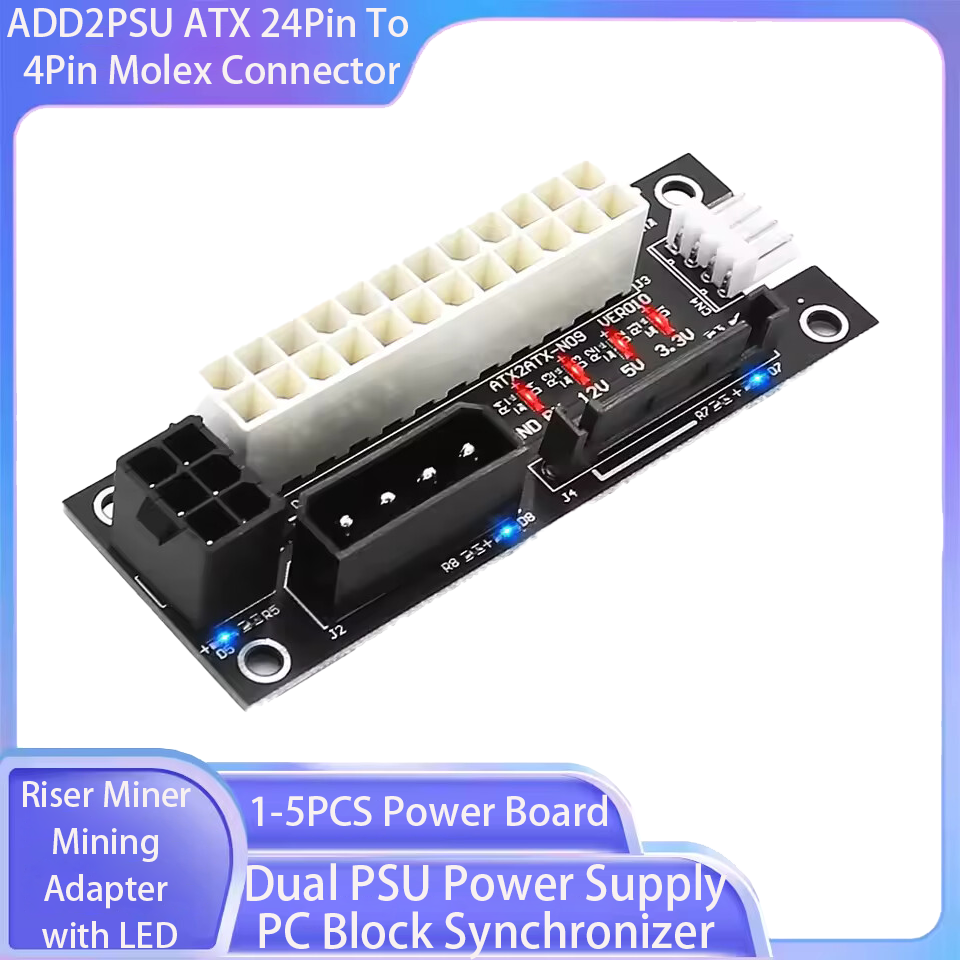 Alimentation électrique double bloc PSU, synchronisation ADD2PSU ATX 24 broches à 4 broches, adaptateur minier avec carte d'alimentation LED à plusieurs alimentations, 1 à 5 pièces