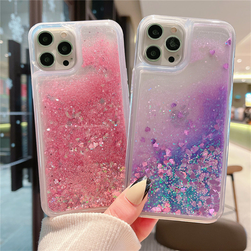 Luxuriöse Liebesherz-Flüssigkeits-Glitzer-Hülle für iPhone 16, 15, 13, Mini 14, 12, 11, Pro Max Plus 17, Air Quicksand, klare Stoßstangenabdeckung