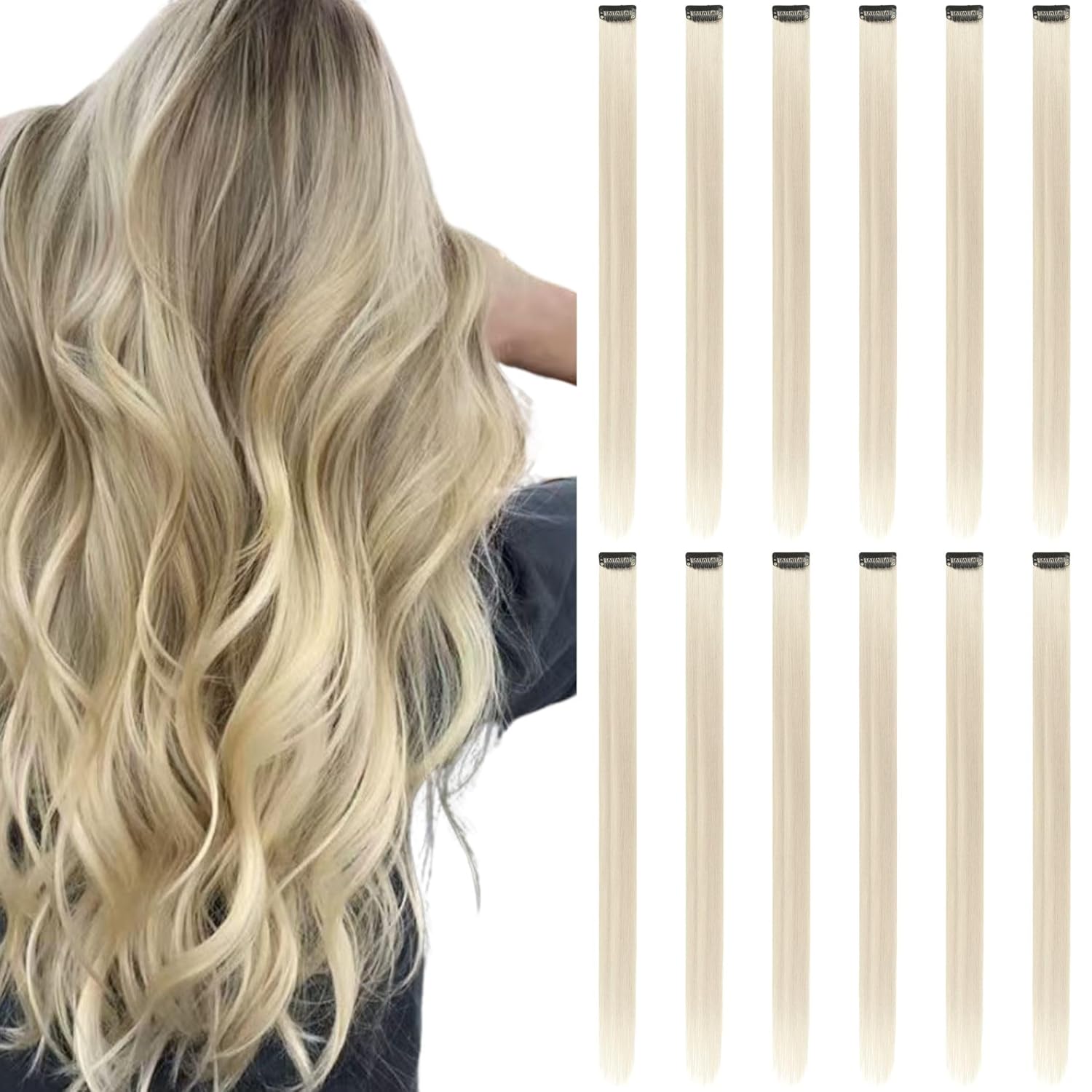 Paquete de 12 Extensiones de Cabello con Clip de Colores para Fiestas, para Niñas, 22 Pulgadas, Colores Omber, Cabello Lacio Sintético