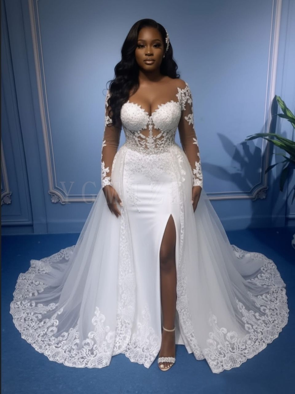 Sexy Brautkleider mit durchsichtigem Rücken für die Braut, Meerjungfrau, Spitzenapplikationen, lange Ärmel, 2-in-1-Brautkleid mit abnehmbarem Überrock
