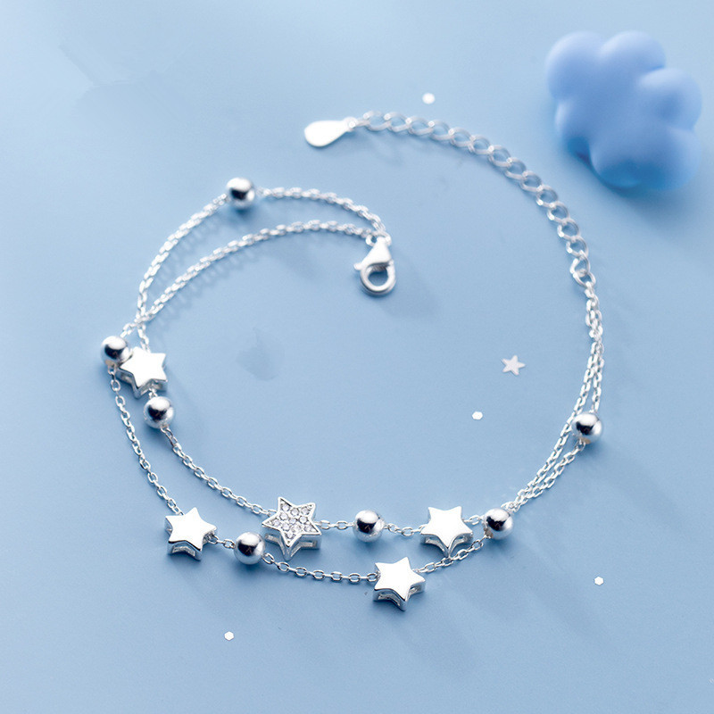 Ventfille 925 selo prata cor estrela pulseira moda coreano estrelas de cinco pontas cristal pulseira dupla dropshipping atacado