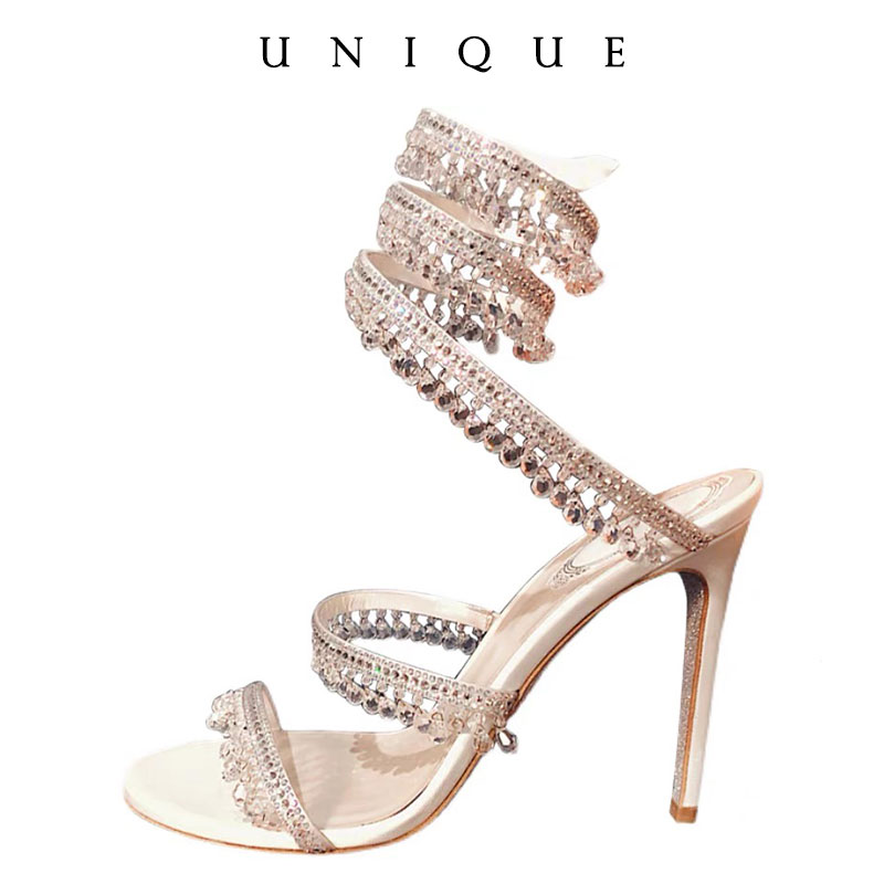Neue Damen-Wasserdiamant-Sandalen, modische Quasten-Kristallschuhe, sexy Bankett-Party-Stilettos, große Damensandalen