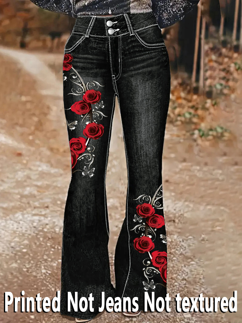 1253 [Bedruckte Hose - Kein Jeansstoff] Schlaghose mit Blumenmuster - Nicht-Jeansstoff, Damenhose