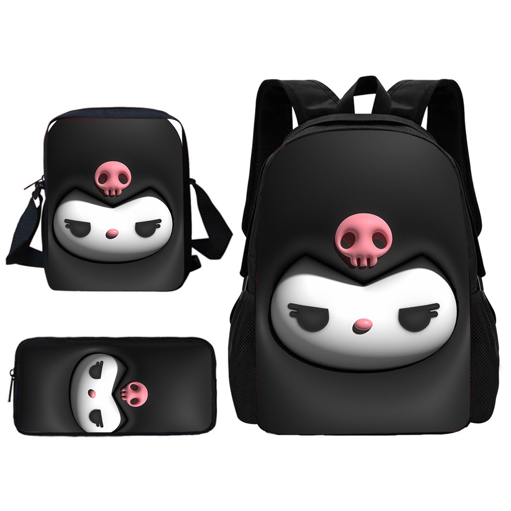 Sanrio-Conjunto de 3 piezas de dibujos animados Kuromi para niños y niñas, mochila escolar con bolso de hombro, bolsas de lápices, el mejor regalo