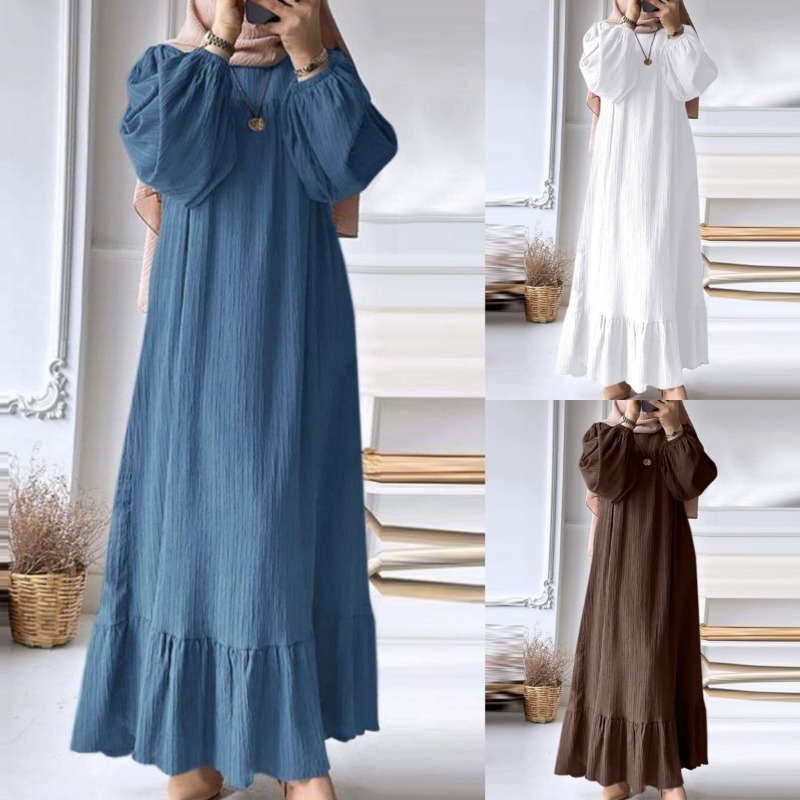 2024 muslimische Abayat Kleid Mode Langarm Vintage Abayas für Frauen Kleid einfarbig Rüschen Saum Frauen kleid